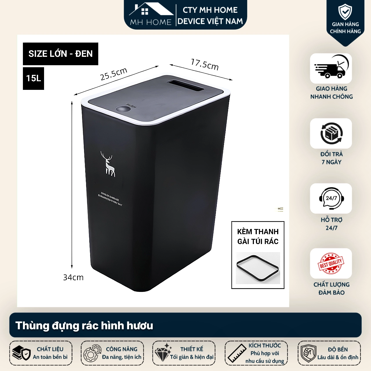 Thùng Rác 15L Nắp Bật Hình Hươu Nhựa PP Cao Cấp, Thiết Kế Nhấn Nút Tiện Lợi, Nhỏ Gọn Tiết Kiệm Không Gian Cho Gia Đình